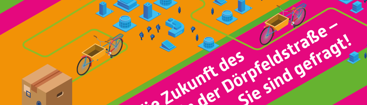 Eine farbenfrohe isometrische Darstellung mit Umfrageaufruf zur Dörpfeldstraße auf städtebaulicher Struktur und Lastenrädern. Eine farbenfrohe isometrische Darstellung mit Umfrageaufruf zur Dörpfeldstraße auf städtebaulicher Struktur und Lastenrädern.