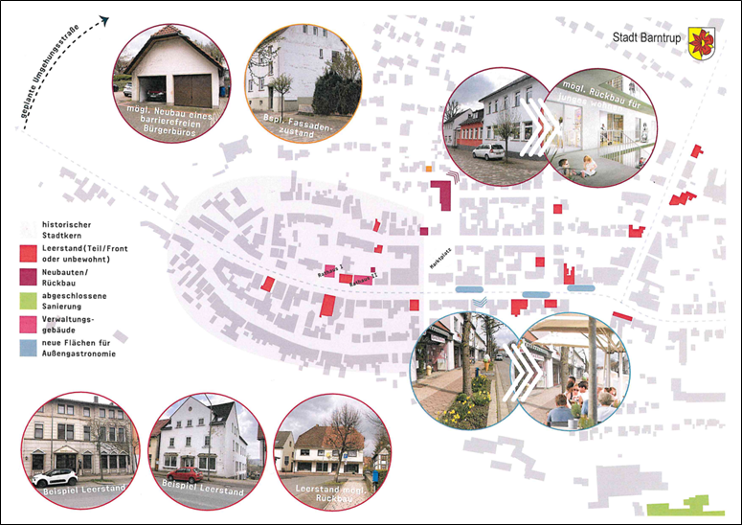 Eine stiliserte Karte zeigt den Innenstadtbereich einer Stadt. In mehreren Kreisen sind Fotos verschiedener Immobilien abgebildet, die verschiedene Herausforderungen und Entwicklungeperspektiven vor Ort bebildern, beispielsweise Leerstände. Eine stiliserte Karte zeigt den Innenstadtbereich einer Stadt. In mehreren Kreisen sind Fotos verschiedener Immobilien abgebildet, die verschiedene Herausforderungen und Entwicklungeperspektiven vor Ort bebildern, beispielsweise Leerstände.