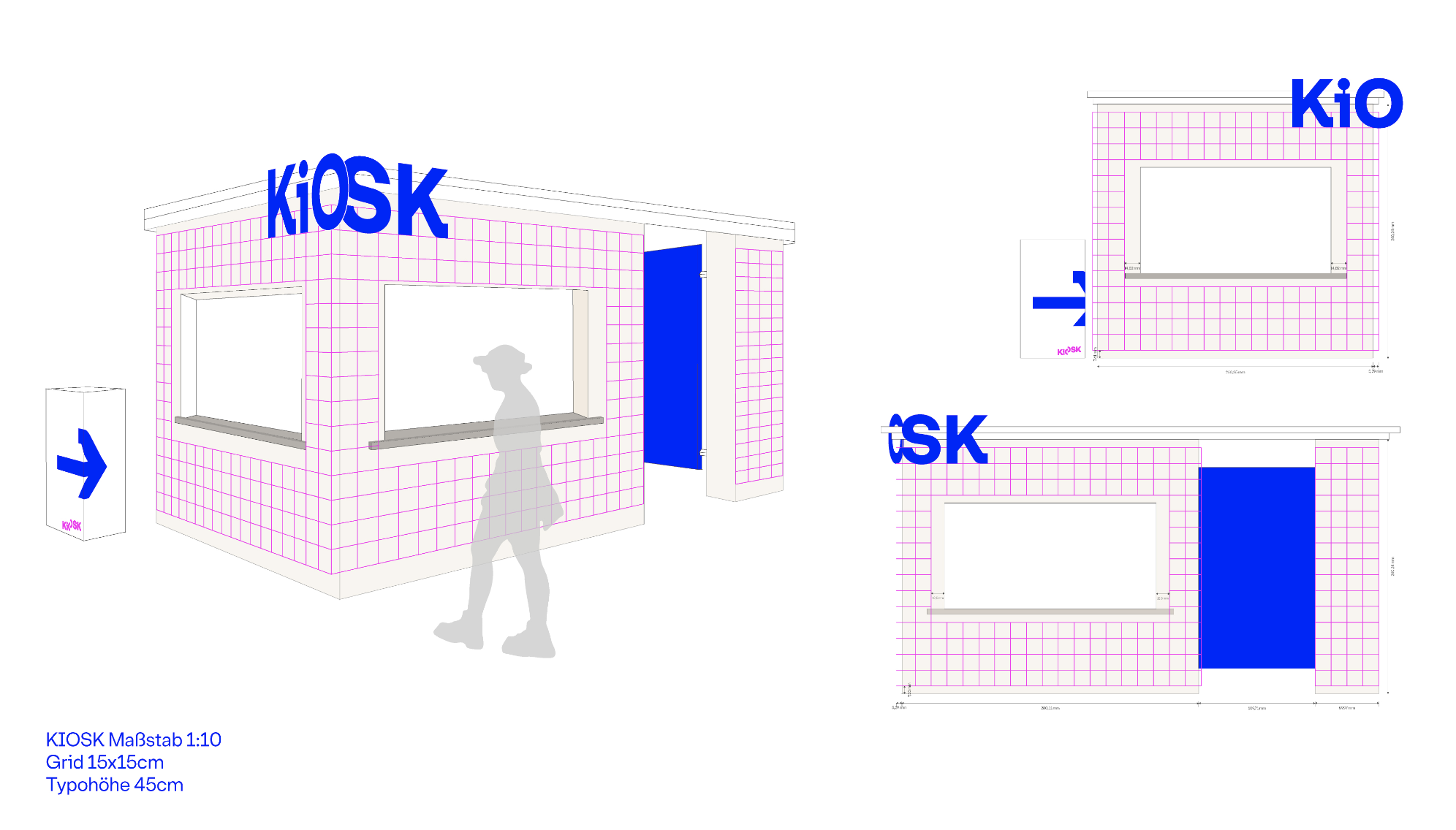 Technische Zeichnung eines Kioskmodells mit Front-, Seiten- und Draufsicht. Eine Silhouette einer Person vor einem der Zeichnungen. Technische Zeichnung eines Kioskmodells mit Front-, Seiten- und Draufsicht. Eine Silhouette einer Person vor einem der Zeichnungen.
