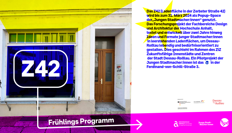 Auf das Foto eines Geschäfts mit Schaufenster und brauner Eingangstür sind knallige Farbflächen eingefügt. Mittig auf dem Schaufenster steht "Z42", auf einem Pfeil "Frühlings-Programm". Rechts bewirbt ein Text in blau die Eröffnung eines Pop-Up-Stores. Auf das Foto eines Geschäfts mit Schaufenster und brauner Eingangstür sind knallige Farbflächen eingefügt. Mittig auf dem Schaufenster steht "Z42", auf einem Pfeil "Frühlings-Programm". Rechts bewirbt ein Text in blau die Eröffnung eines Pop-Up-Stores.