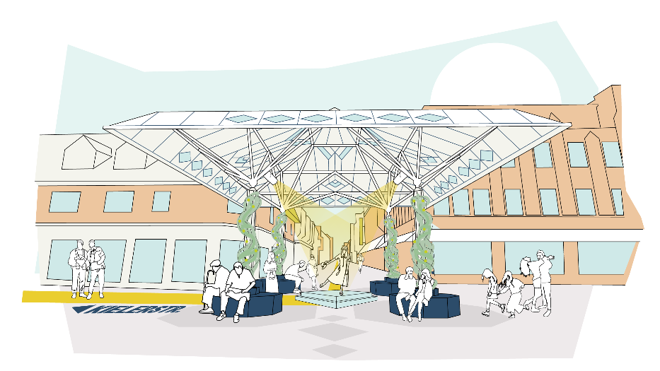 Eine architektonische Zeichnung eines modernen Gebäudes mit dem Pavillon in der Mitte. Menschen Sitzen, spazieren oder unterhalten sich in der Umgebung,.Der Pavillon ist begrünt und bietet viele Sitzmöglichkeiten. Eine architektonische Zeichnung eines modernen Gebäudes mit dem Pavillon in der Mitte. Menschen Sitzen, spazieren oder unterhalten sich in der Umgebung,.Der Pavillon ist begrünt und bietet viele Sitzmöglichkeiten.