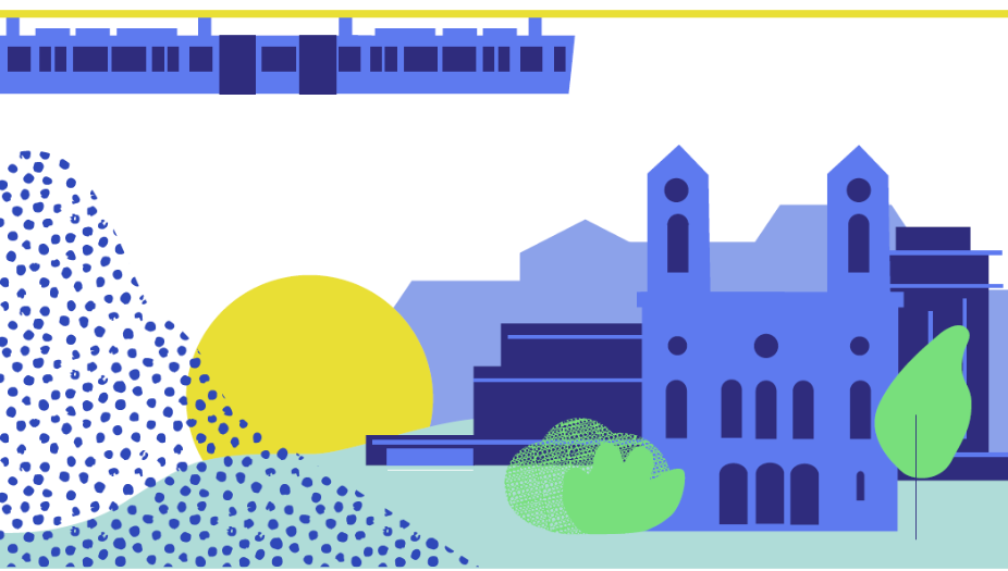 Eine Grafik zeigt in abstrahierten Formen rechts eine Kirche mit zwei Türmen in Lila. Dahinter sieht man weitere Silouetten. Links ragt ein gelber Kreis hinter dem Horizont hervor. Davor bilden viele dunkle Punkte ein Dreieck. Oben ist die Schwebebahn. Eine Grafik zeigt in abstrahierten Formen rechts eine Kirche mit zwei Türmen in Lila. Dahinter sieht man weitere Silouetten. Links ragt ein gelber Kreis hinter dem Horizont hervor. Davor bilden viele dunkle Punkte ein Dreieck. Oben ist die Schwebebahn.
