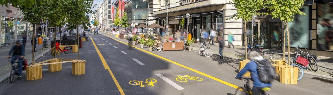 Das Bild zeigt einen Popup-Radweg in der Friedrichstraße in Berlin bei Sonnenschein. Die Straße wurde mit gelben Markierungen zu einem zweispurigen Fahrradweg umfunktioniert, an den Rändern stehen Pflanztöpfe mit jungen Bäumen. Man sieht einen Radfahrer.
